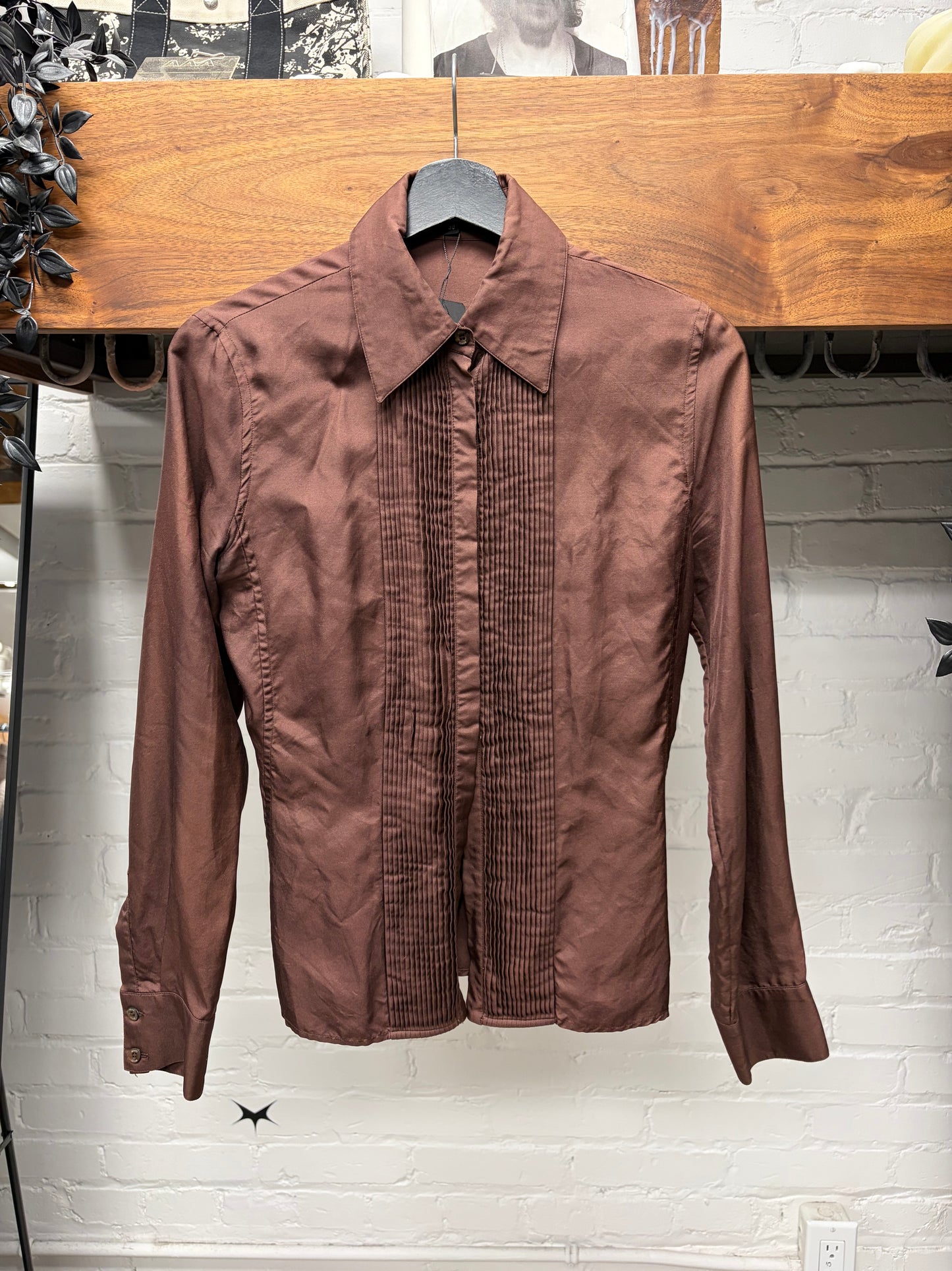 Vintage Gucci Ruffled Detail Brown Button Up Top