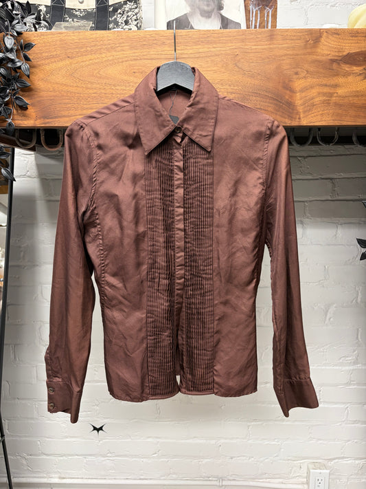 Vintage Gucci Ruffled Detail Brown Button Up Top