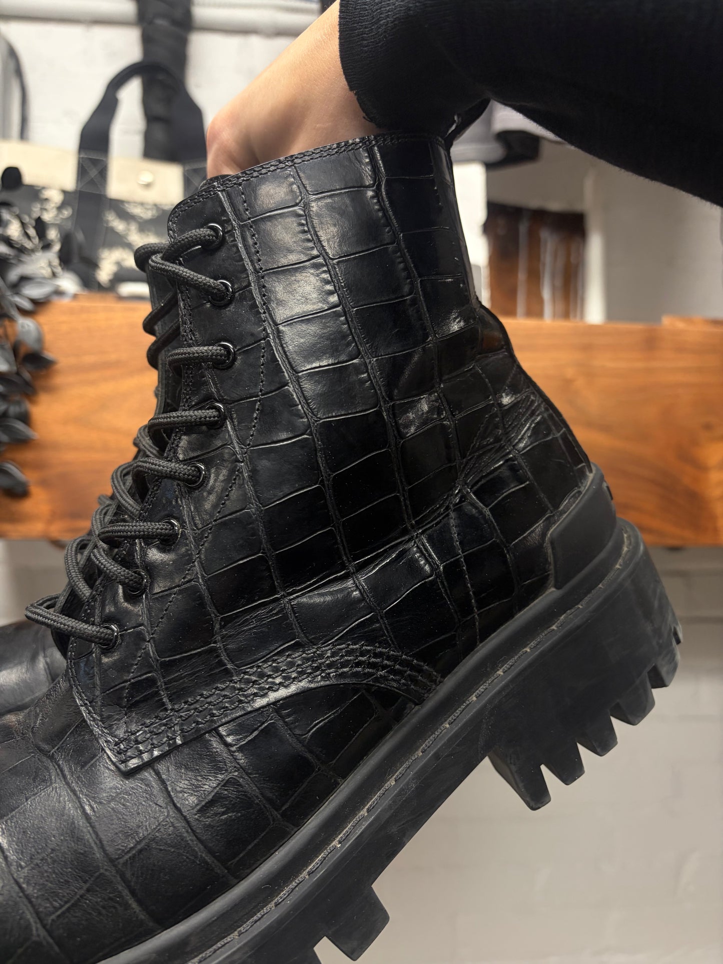 Balenciaga Croc Embossed ‘Strike’ Black Patent Leather Combat Boots