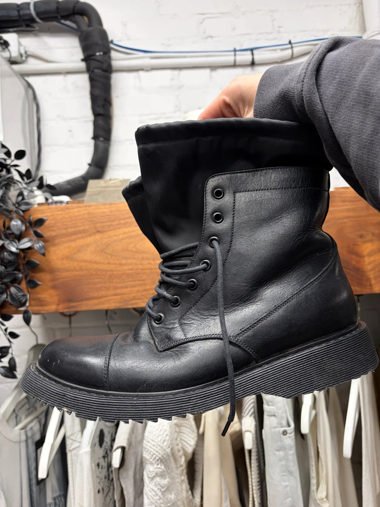 Vintage Prada Mainline Leather/Black Nylon Shell Ankle Boots