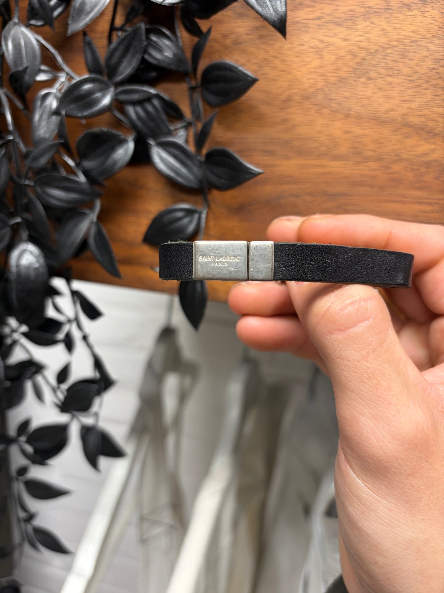 Saint Laurent Black Leather/Silver ‘YSL Logo’ Magnetic Clasp Bracelet