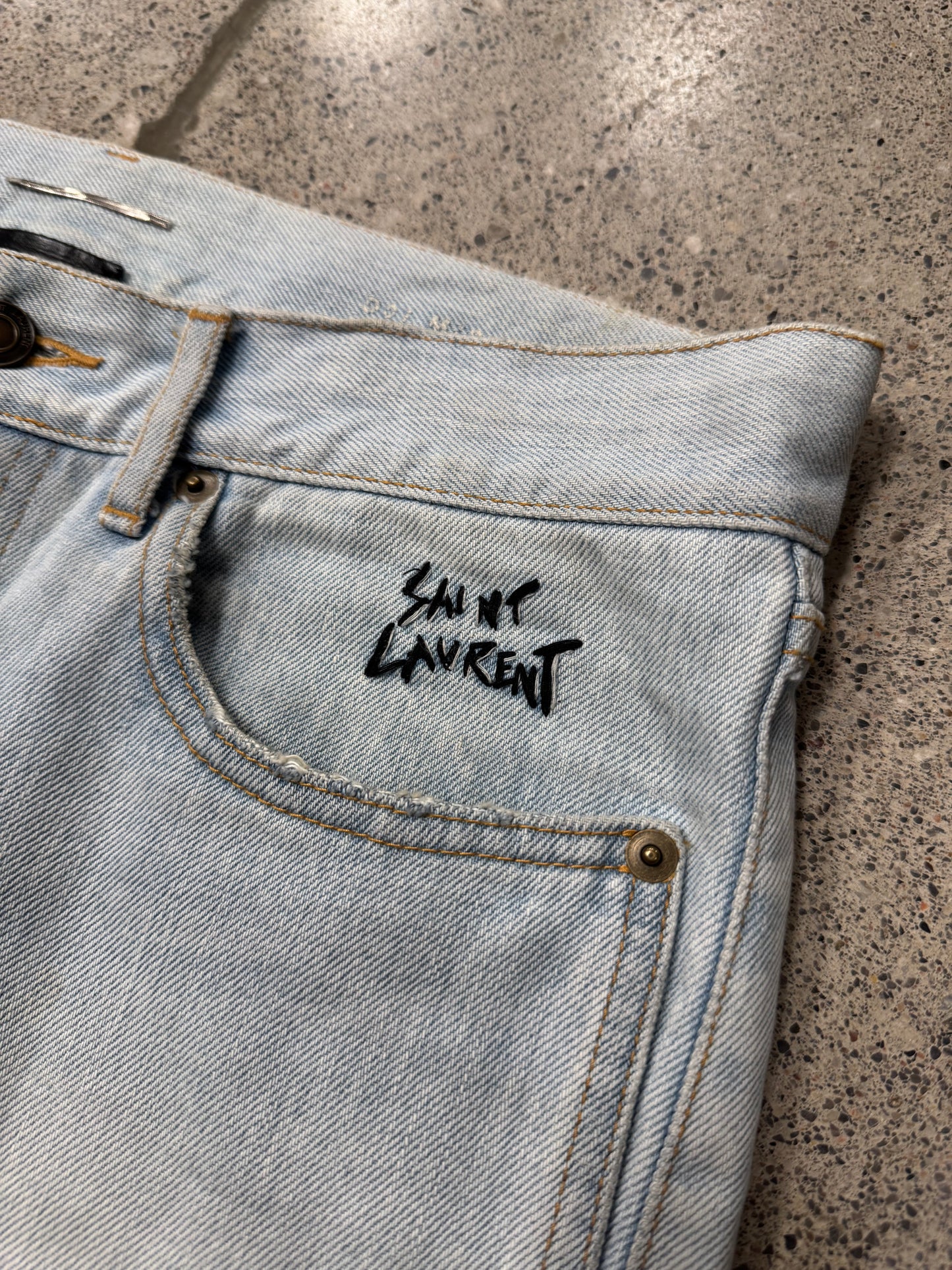 SS2017 Saint Laurent ‘Pocket Logo’ Light Wash Blue Skinny Jeans