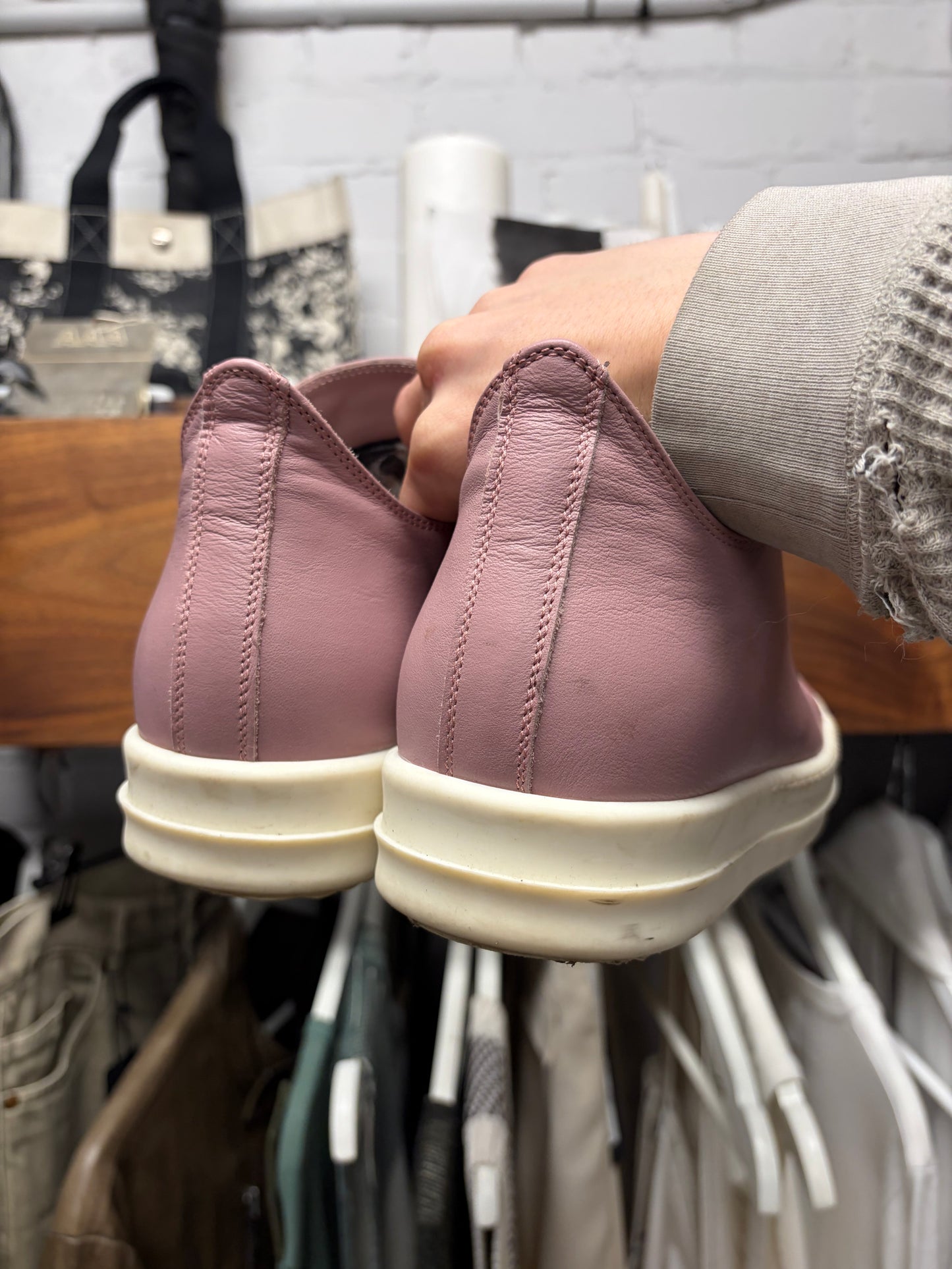 Rick Owens Pink/Milk Leather ‘Ramones’ Low Top Sneakers