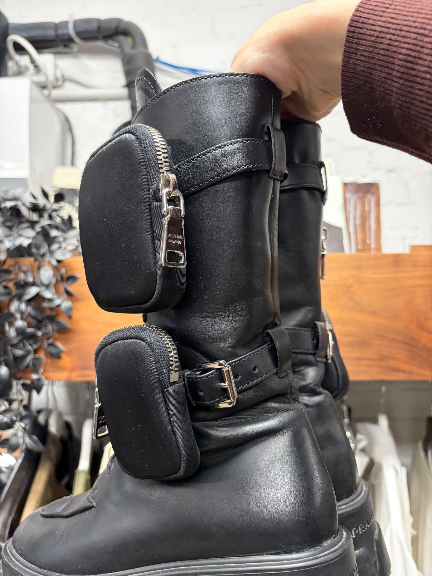 Prada ‘Monolith’ Black Calfskin Leather High Cut Cargo Boots