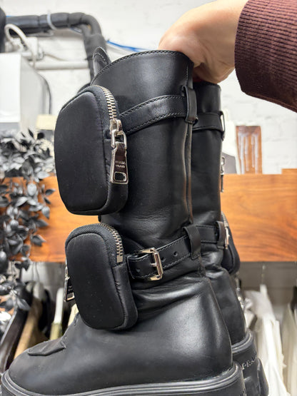 Prada ‘Monolith’ Black Calfskin Leather High Cut Cargo Boots