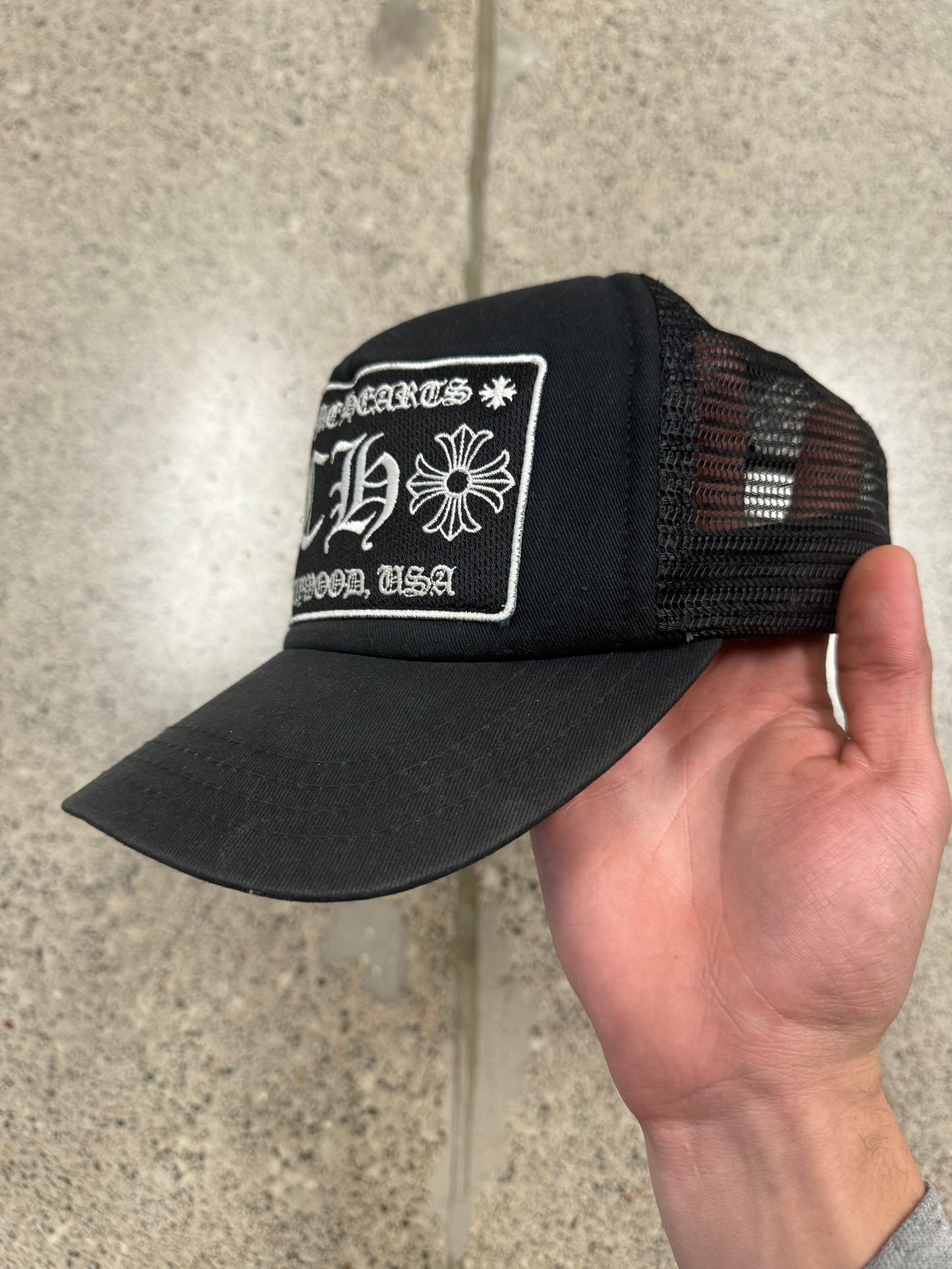 Chrome Hearts ‘Hollywood’ CH Logo Black Mesh Trucker Hat