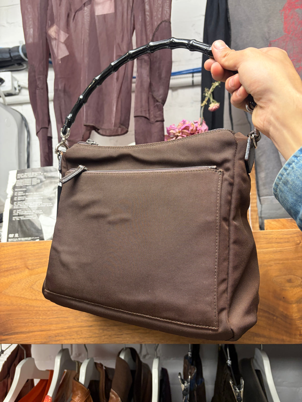 Gucci Brown Nylon Bamboo Handle Wood Mini Bag