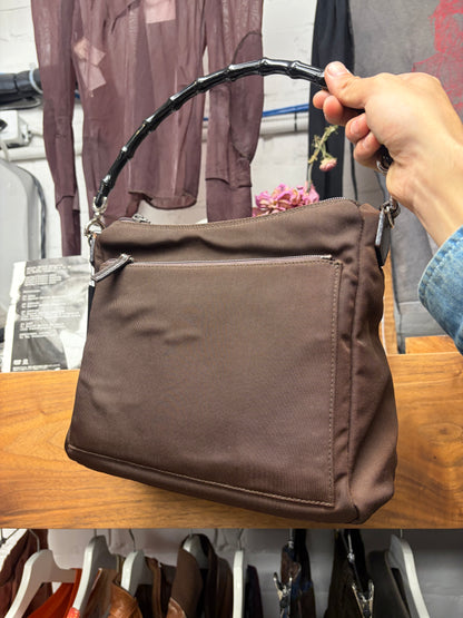 Gucci Brown Nylon Bamboo Handle Wood Mini Bag