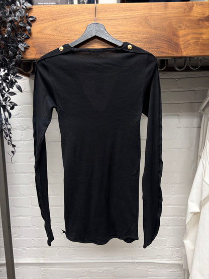 Balmain Low V-Neck Black Knit Sweater with Side Button Detailing