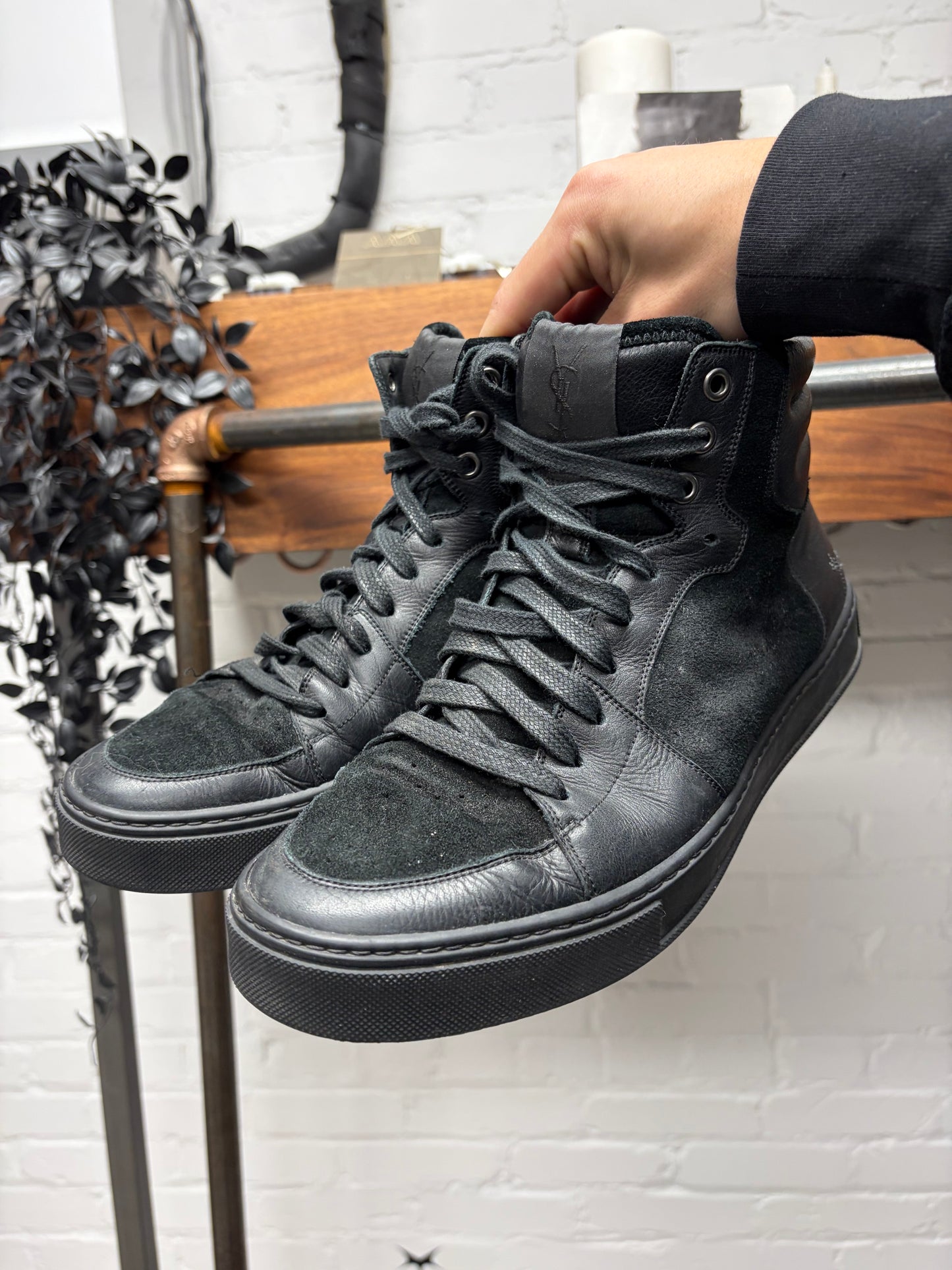 2000s Yves Saint Laurent Black Suede High Top Sneakers