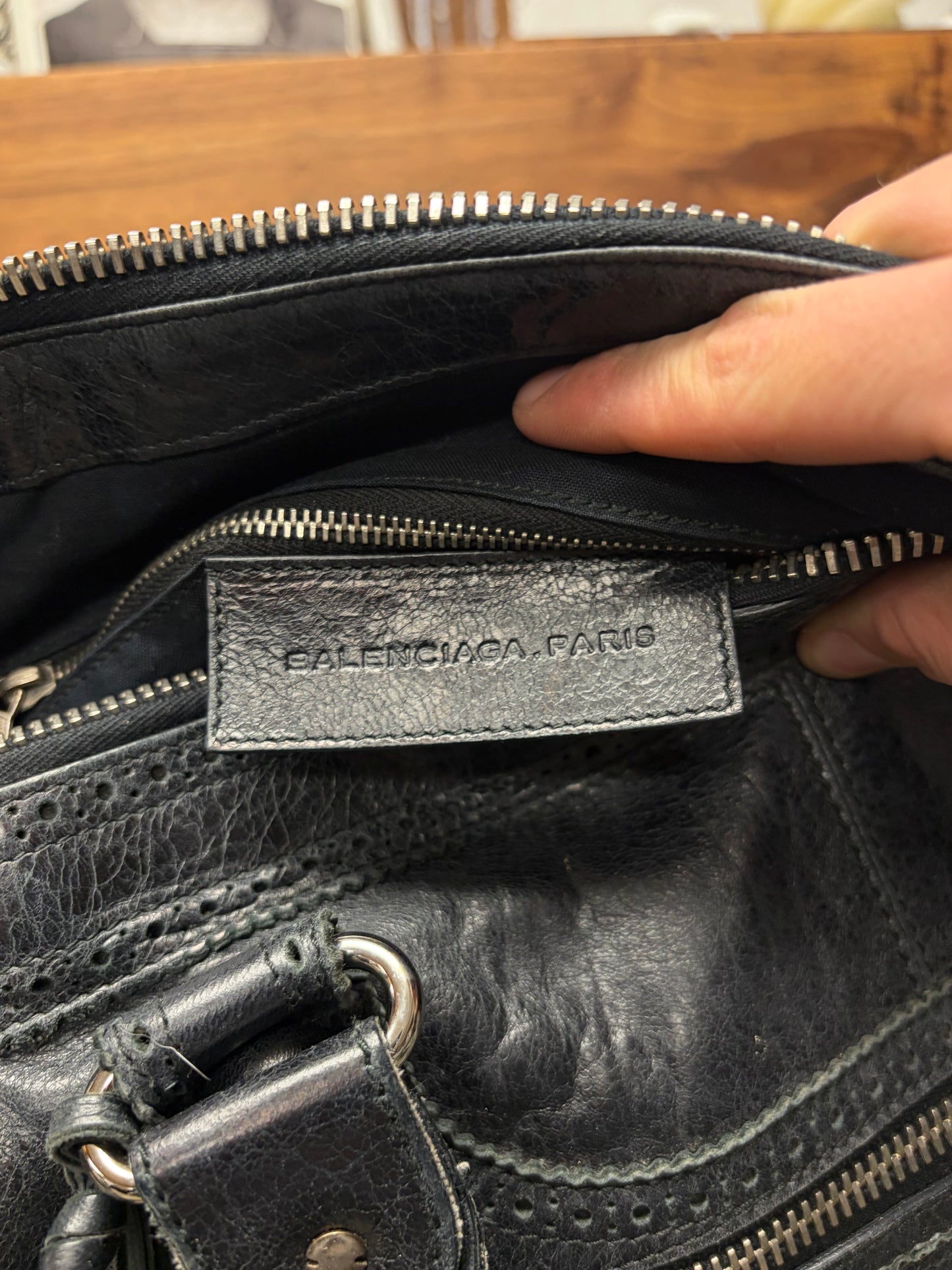 Balenciaga ‘Brogue’ Black Perforated Leather Classic ‘City Bag’ with Silver Hardware