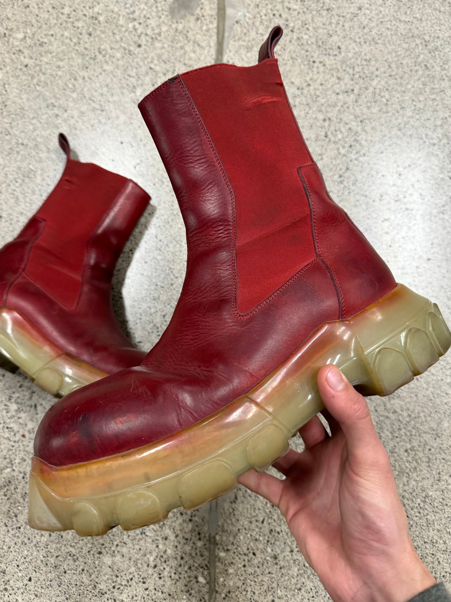 Rick Owens Beatle Bozo Red Leather Tractor Boots