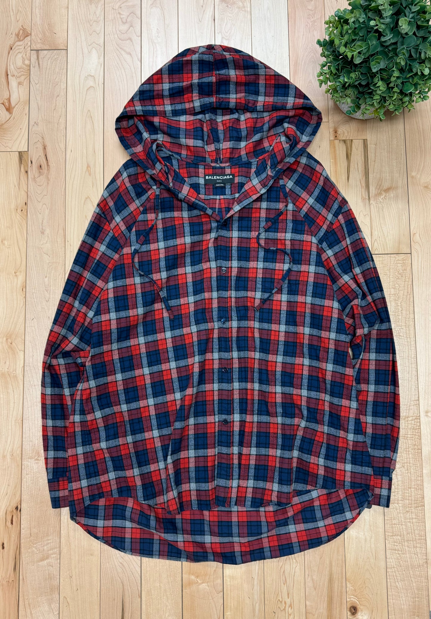 2017 Balenciaga Red/Blue Hooded Plaid Flannel