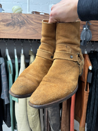 Saint Laurent ‘Wyatt’ Brown Suede Harness Boots