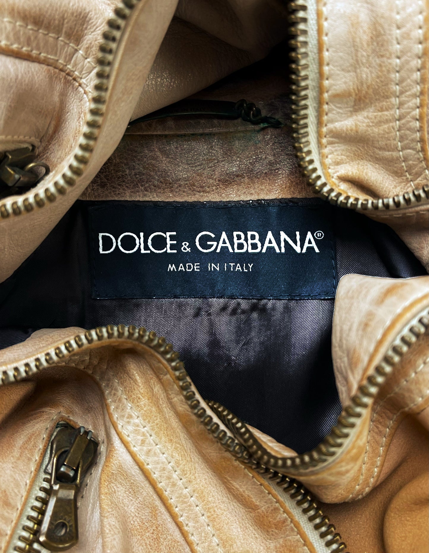 2000’s Dolce & Gabbana Mainline Runway Washed Brown Leather Jacket.