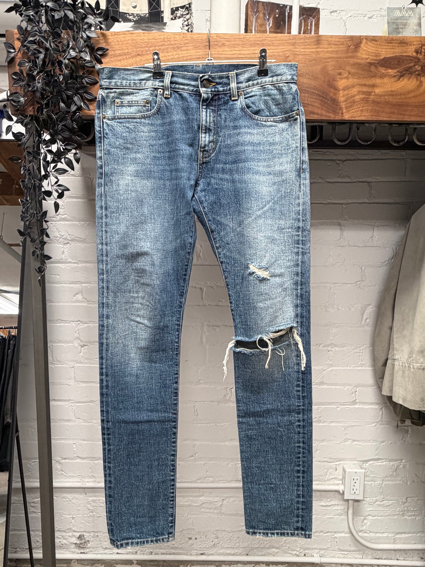 2015 Saint Laurent by Hedi Slimane Distressed Blue Skinny Jeans