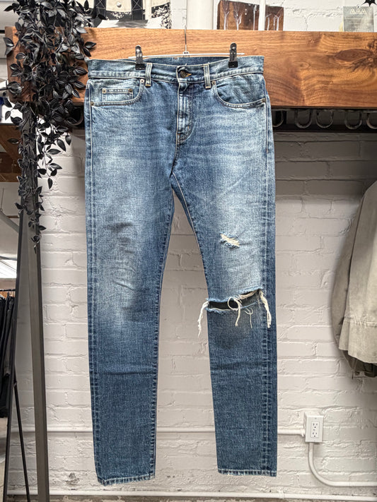 2015 Saint Laurent by Hedi Slimane Distressed Blue Skinny Jeans