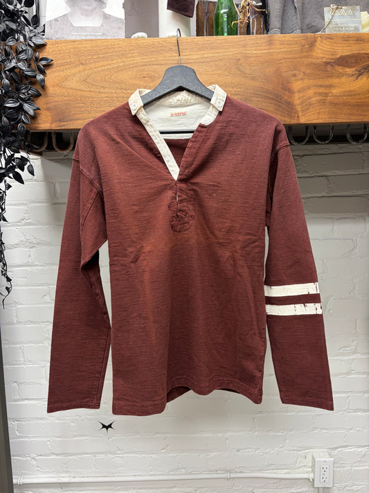 Kapital Vintage Inspired Dark Red/White Cotton ‘Rugby’ Long Sleeve Polo