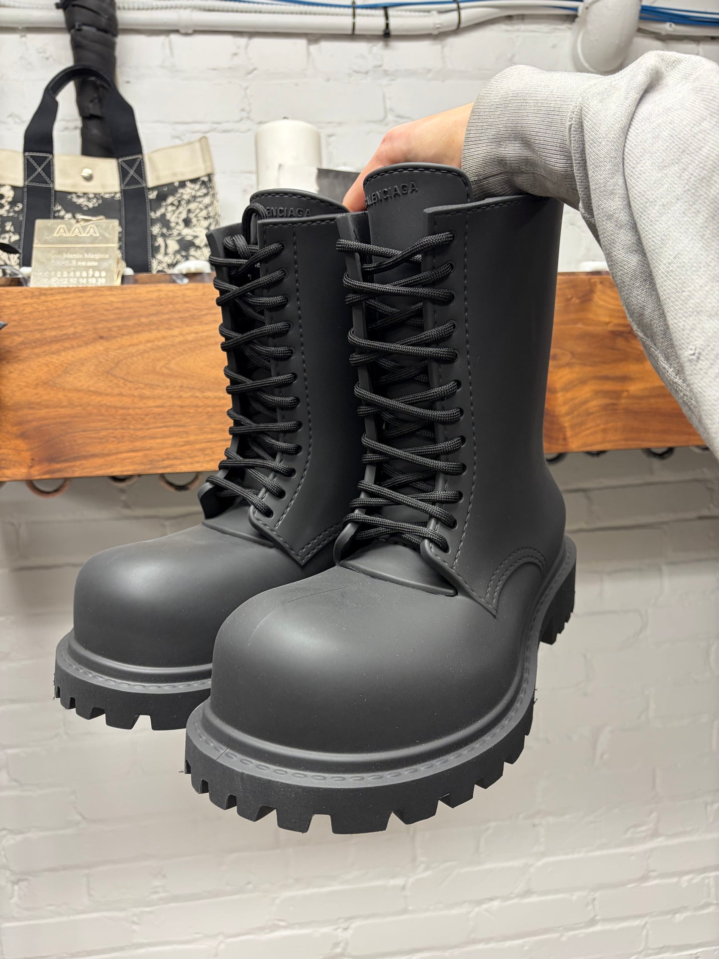 Balenciaga ‘Steriod’ Lace Up Black Oversized Rubber Boots