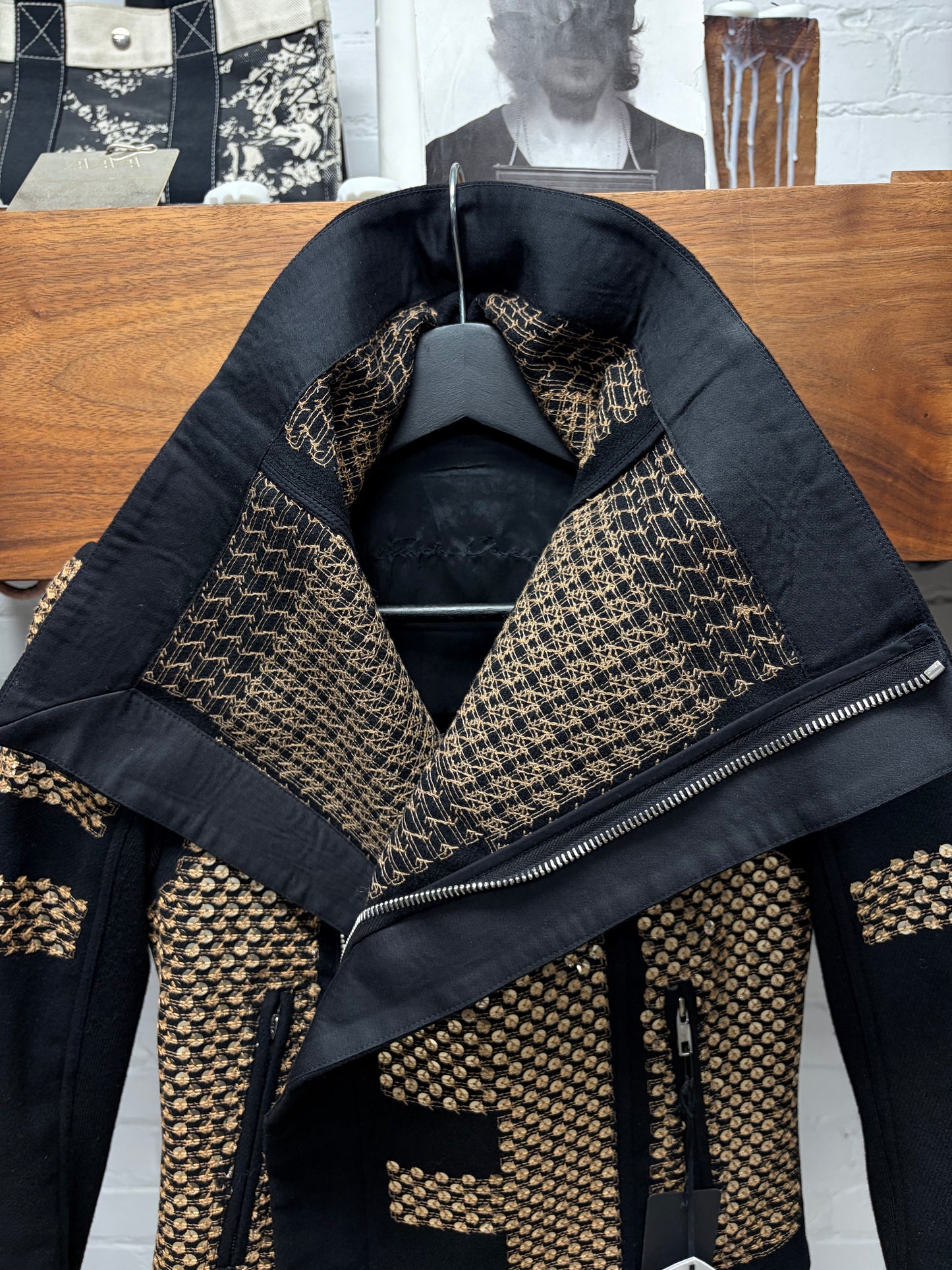 AW2015 Rick Owens ‘Sphinx’ Gold Sequin Beaded ‘Cross Back’ Biker Jacket