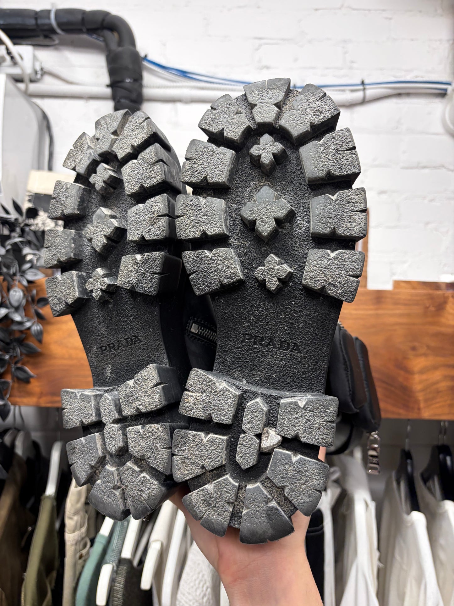 Prada ‘Monolith’ Black Calfskin Leather High Cut Cargo Boots