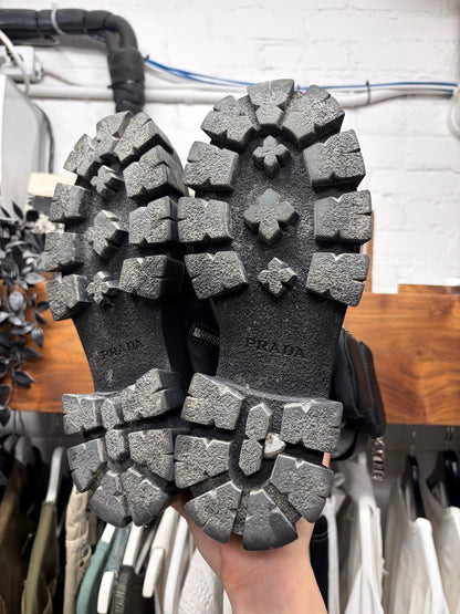 Prada ‘Monolith’ Black Calfskin Leather High Cut Cargo Boots