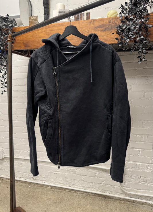 Balmain Quilted Black Cotton Asymmetric Zip-Up Hoodie