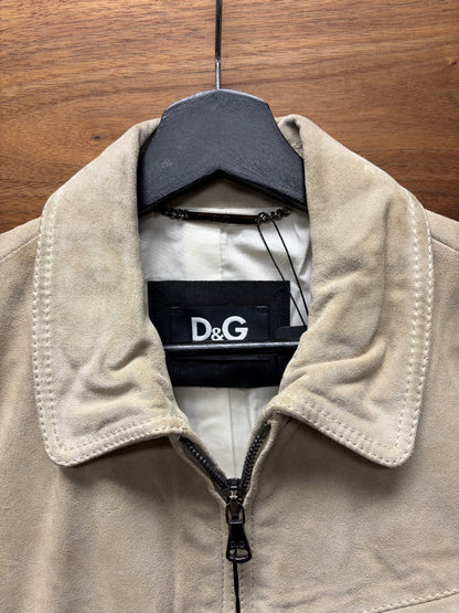 Dolce and Gabbana Tan Suede Calfskin Leather Zip-Up Collared Jacket