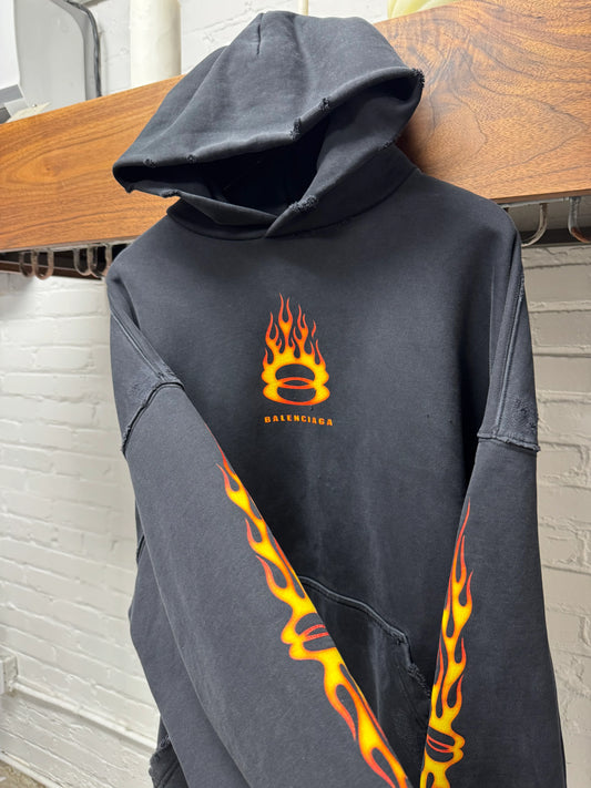 SS2024 Balenciaga ‘Unity Flame’ Distressed Black Pullover Hoodie