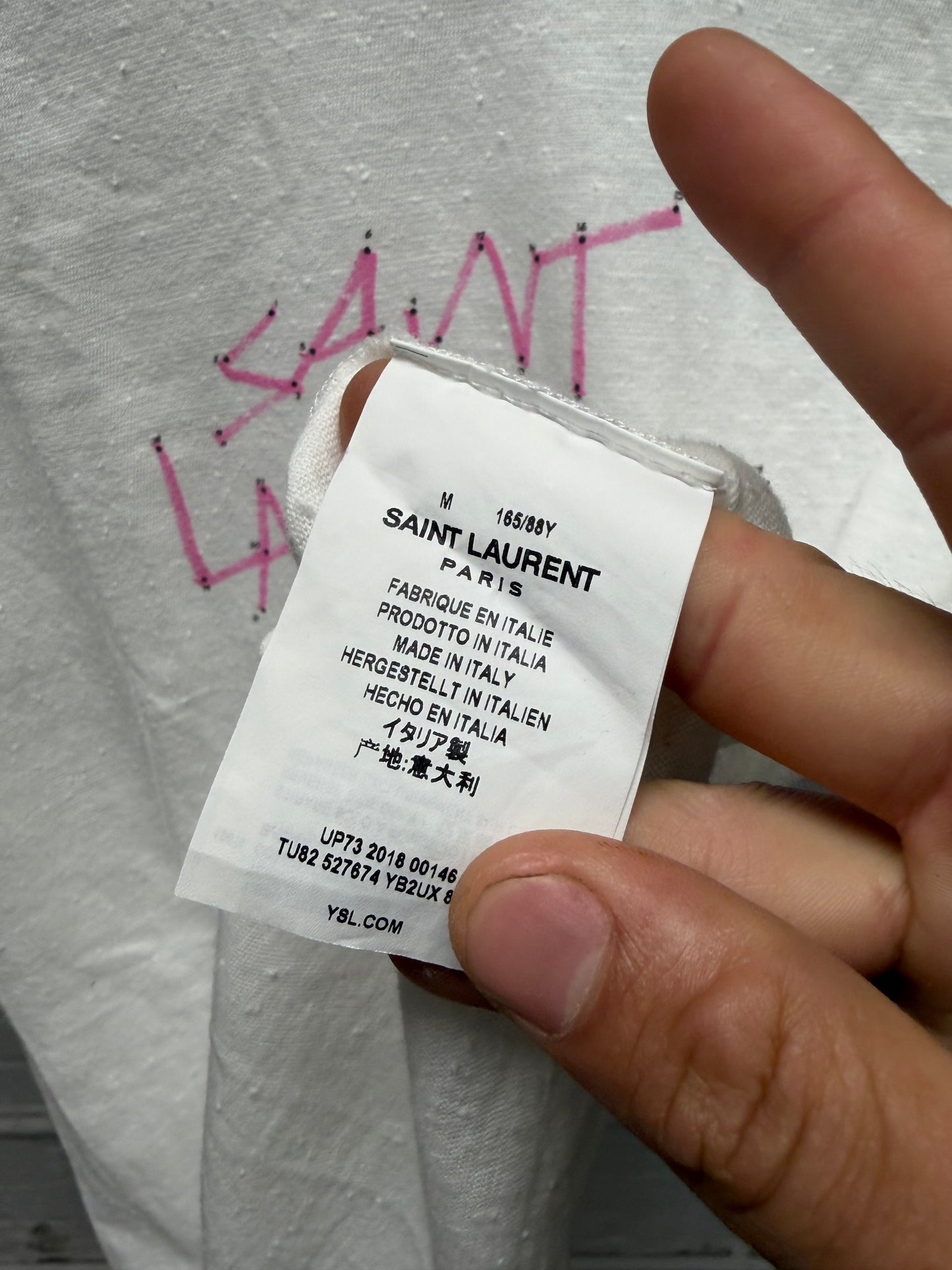 2018 Saint Laurent ‘Constellations’ White/Pink Baseball Sleeve Shirt