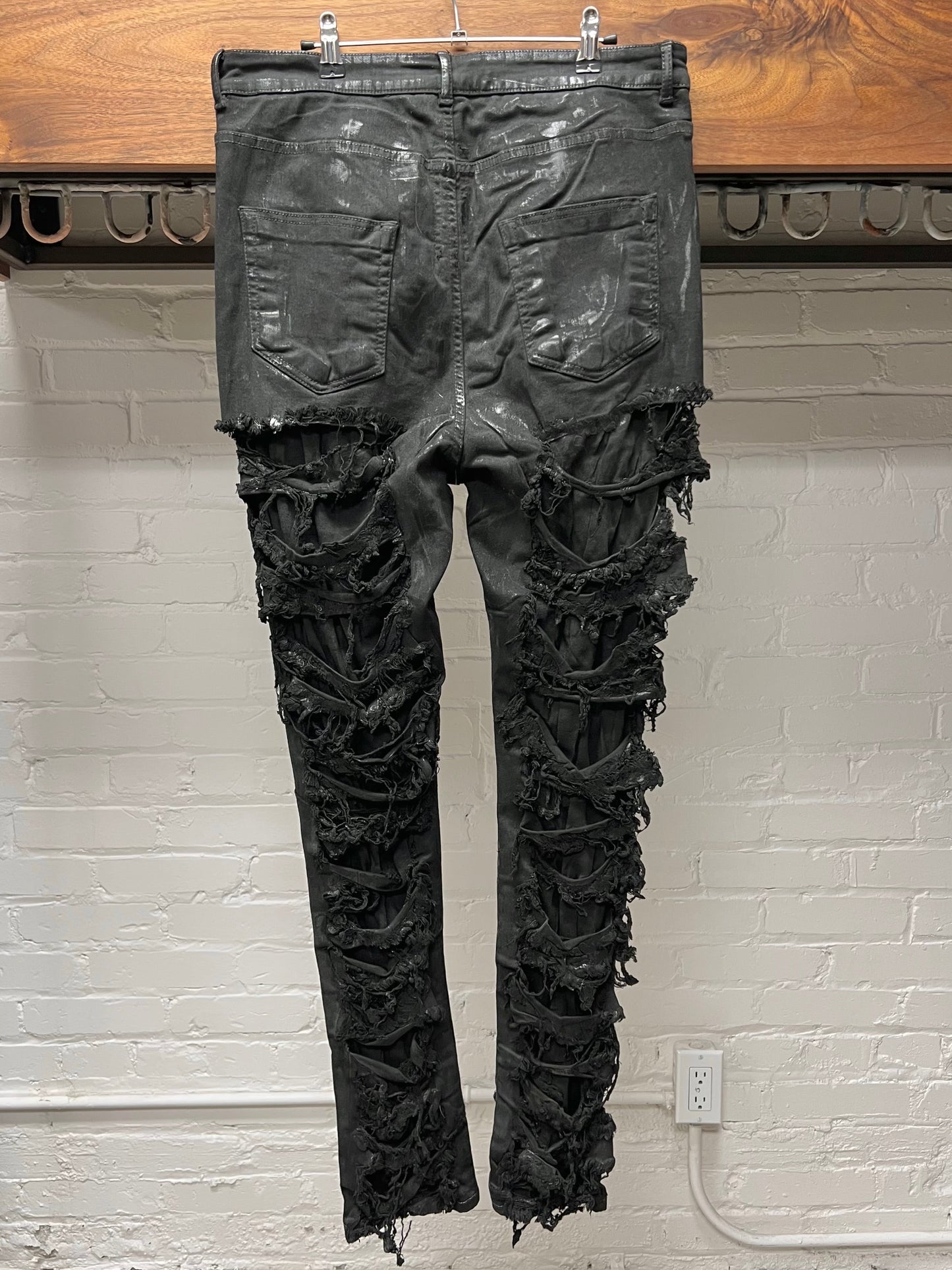 Rick Owens DRKSHDW ‘Detroit Cut’ Waxed Black Slashed Distressed Denim