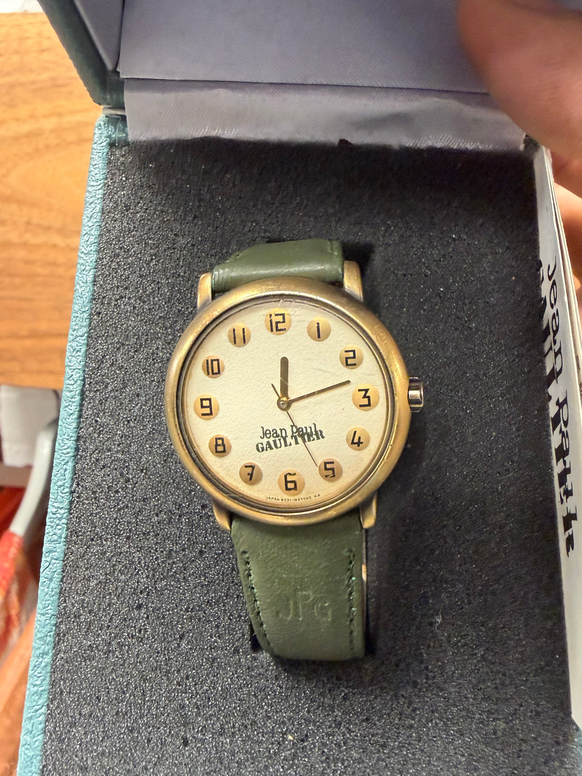 Vintage Jean Paul Gaultier Analog Watch with Green Leather Strap and Gold Dial