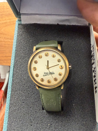 Vintage Jean Paul Gaultier Analog Watch with Green Leather Strap and Gold Dial