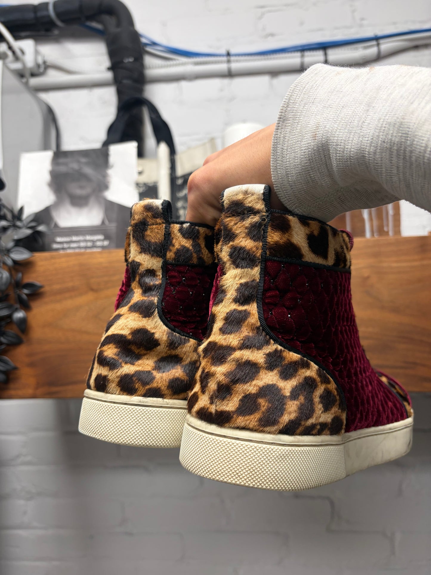 Christian Louboutin Leopard Pony Hair/ Red Velour High Top Sneakers