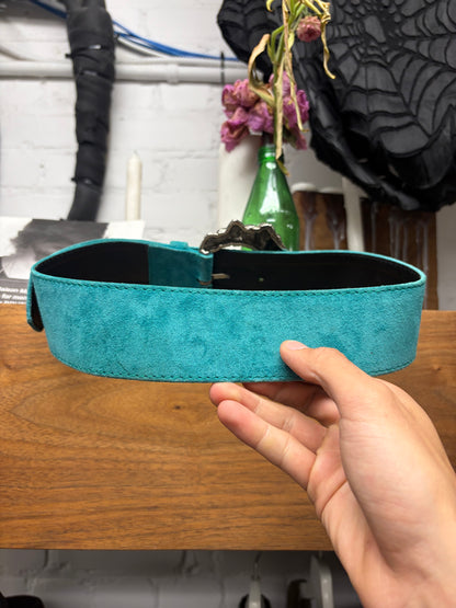 2000s Yves Saint Laurent Rive Gauche ‘Conch Buckle’ Turquoise Blue Leather Belt