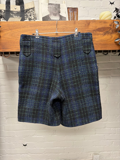 Vintage 90s Issey Miyake Blue/Green Plaid Tweed Shorts with Leather Knee Patches