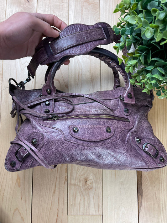 Balenciaga ‘Twiggy’ Purple Calfskin Leather Shoulder/Top Handle City Bag