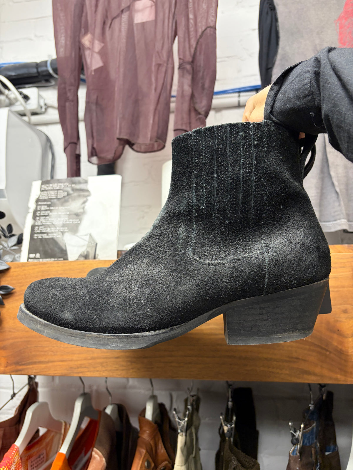 Our Legacy Black Hairy Suede ‘Cuban’ Pointed Toe Chelsea Boots
