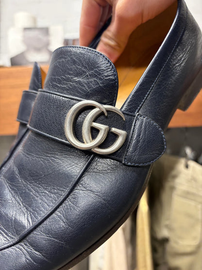 Gucci ‘Quentin’ Blue Leather Wood Sole Loafers