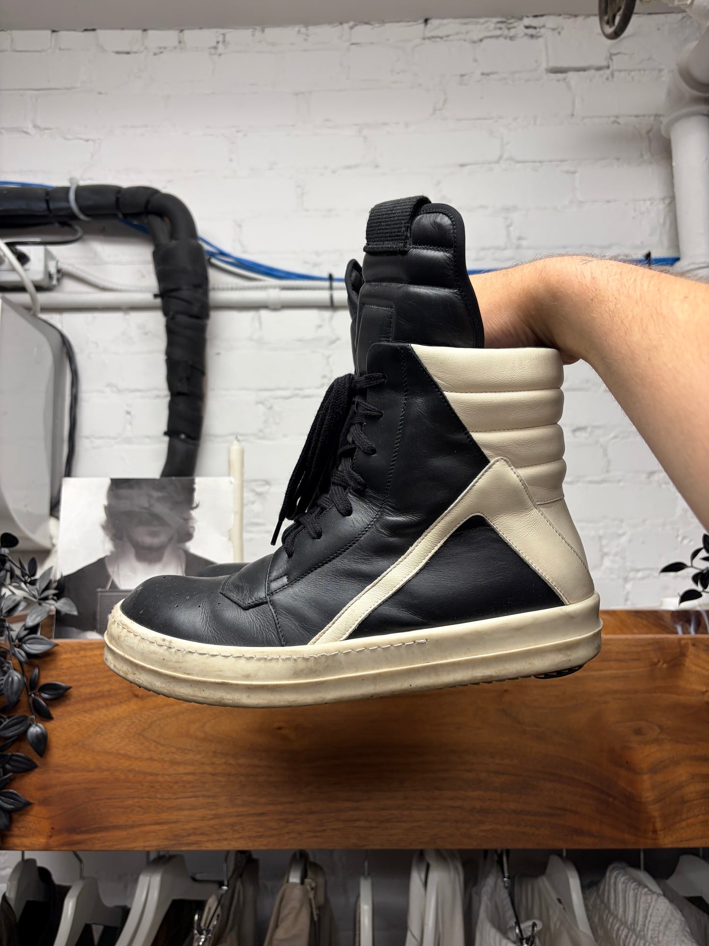 Rick Owens Geobasket Black/Milk Leather High Top Sneakers