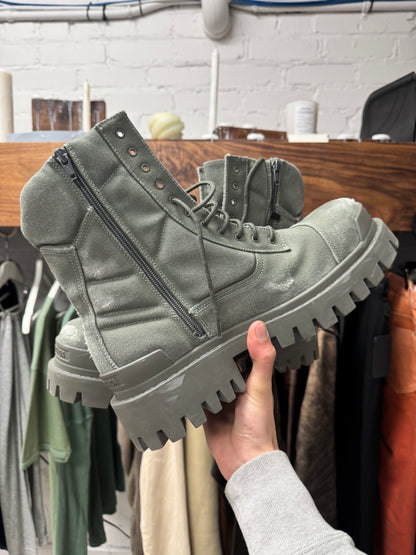 Balenciaga Distressed Canvas Military Green ‘Strike’ Combst Boots