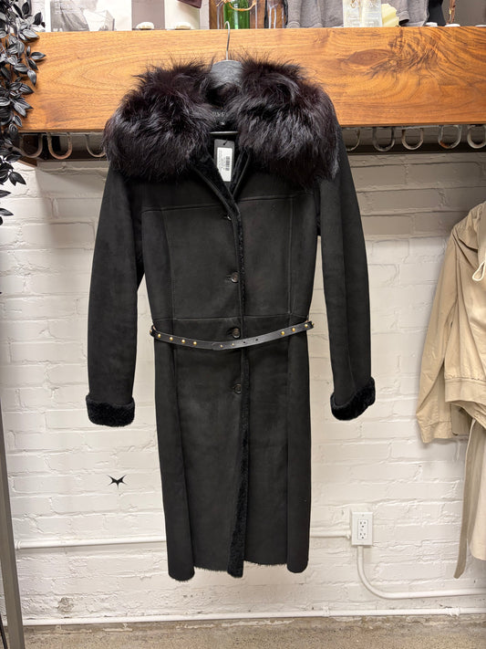 Vintage Gucci by Tom Ford Fox Fur Black Suede Full Length Coat with Studded Belt