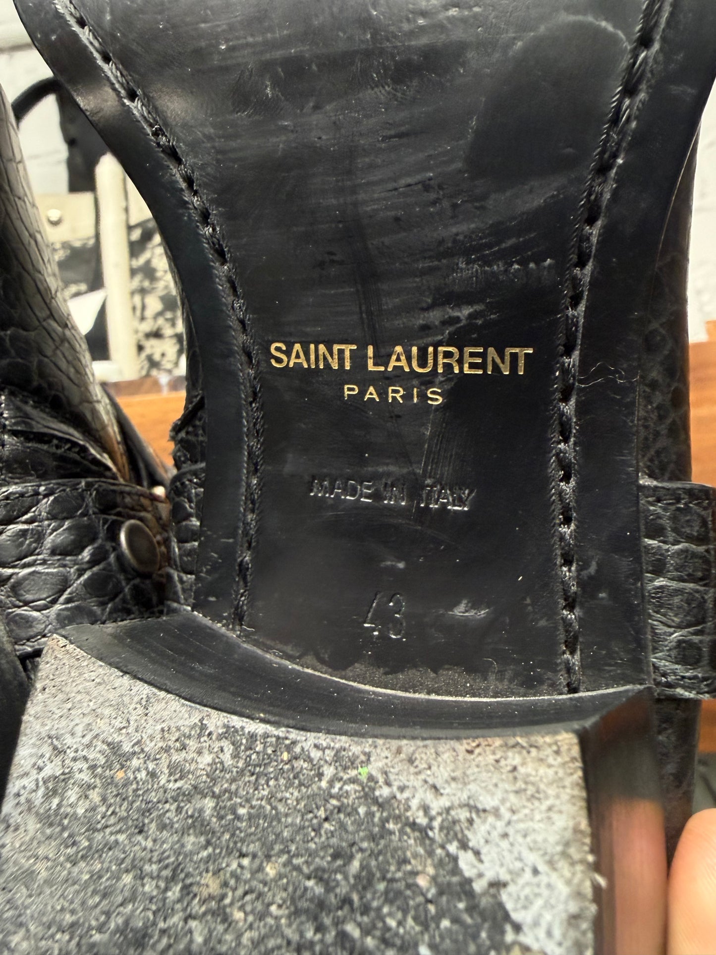 Saint Laurent Black ‘Crocodile’ Black Embossed Leather ‘Wyatt’ Harness Boots