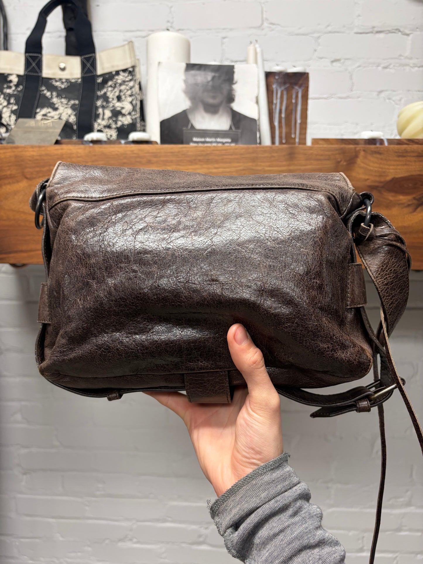 Balenciaga ‘Agneau’ Tumbled Brown Leather Shoulder Messenger Bag