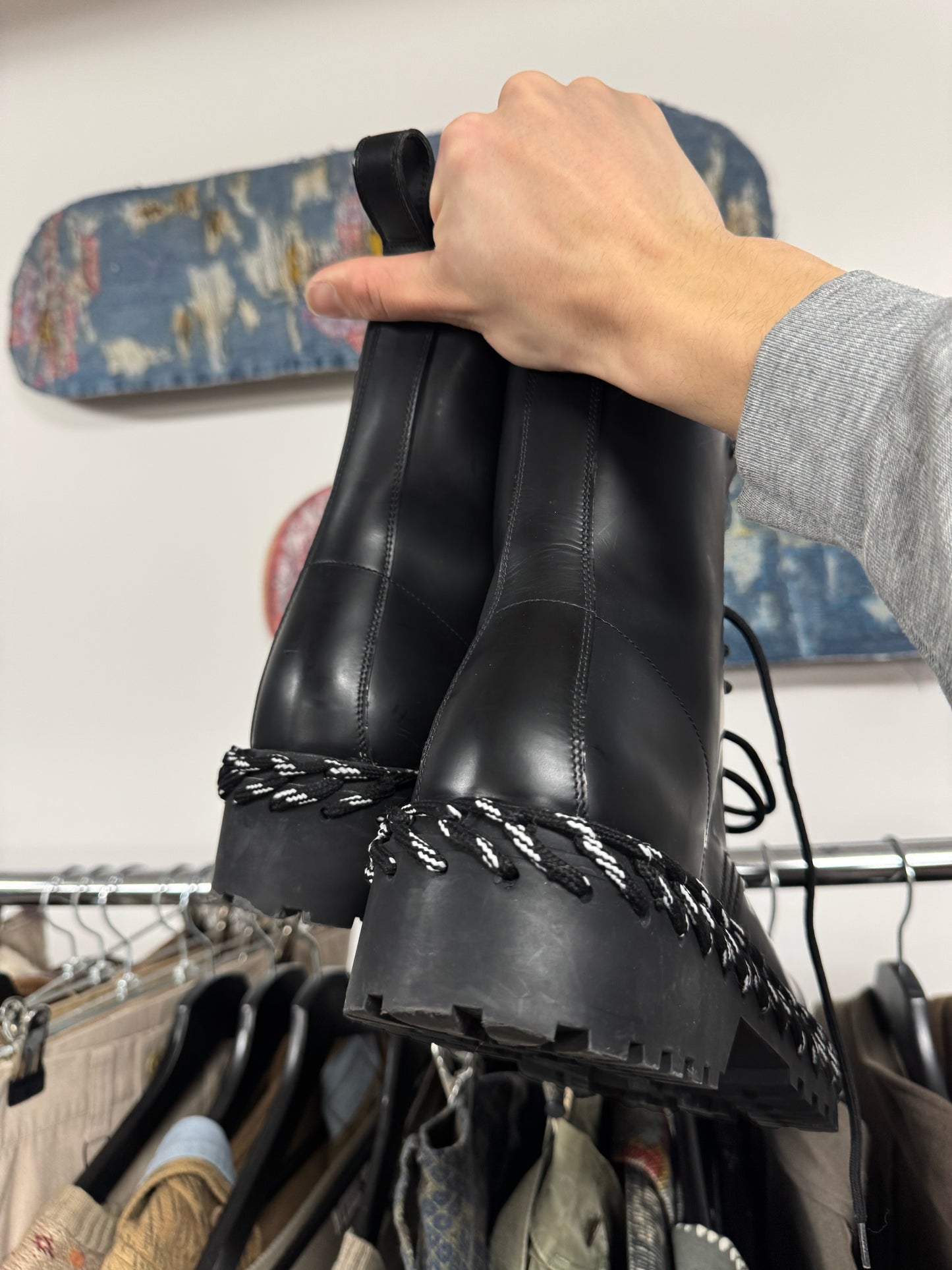 Balenciaga ‘Rope Lace’ Black Calfskin Leather Combat Boots