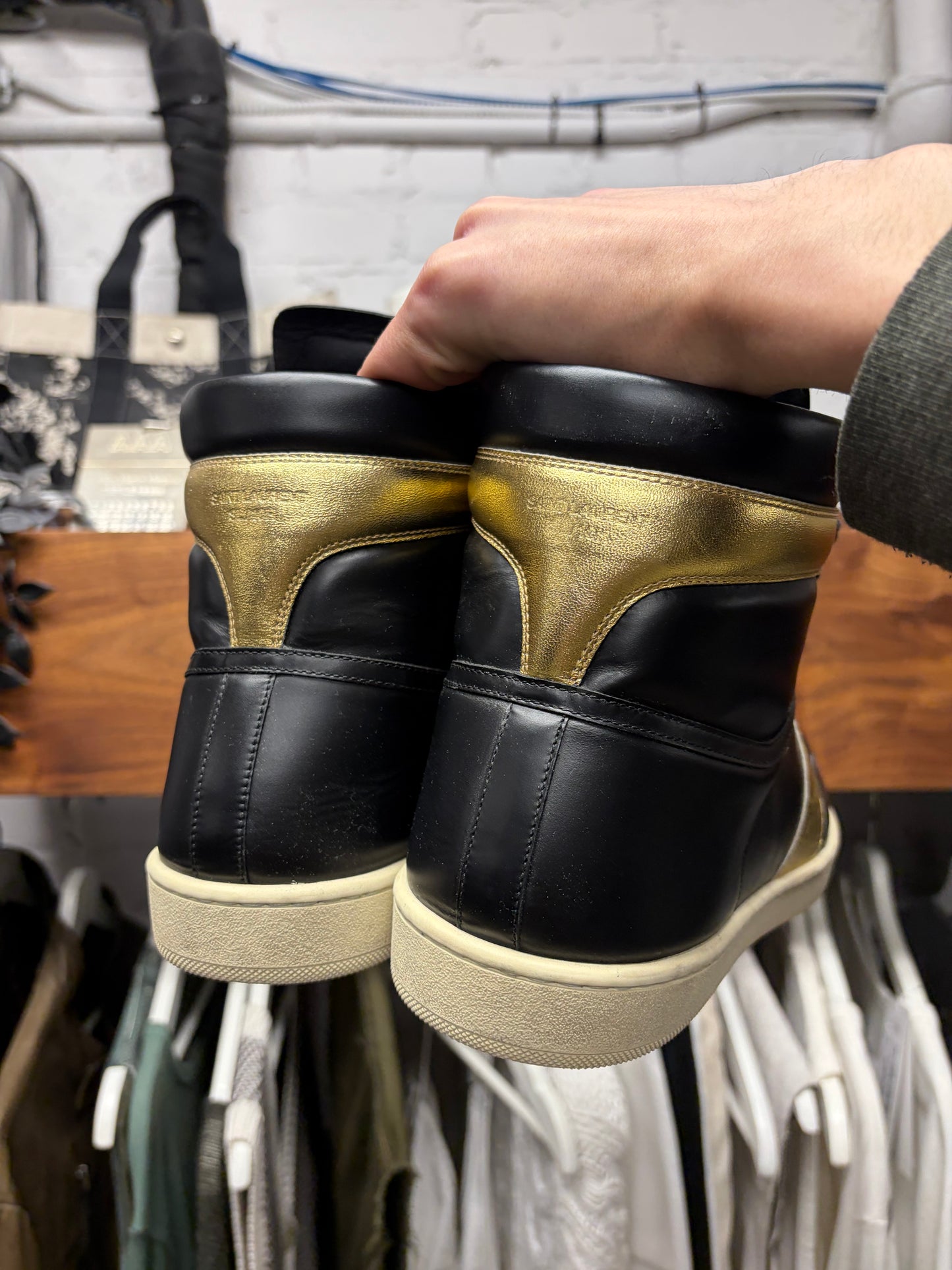 Saint Laurent ‘SL/10H’ Black/Gold Leather Court High Top Sneakers