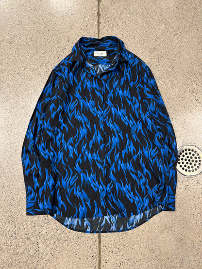 SS2017 Saint Laurent ‘Blue Flame’ Silk Button Down Shirt