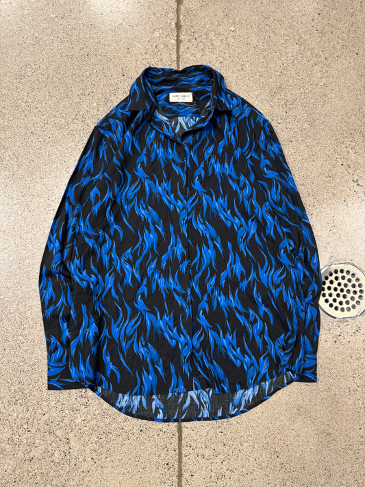 SS2017 Saint Laurent ‘Blue Flame’ Silk Button Down Shirt
