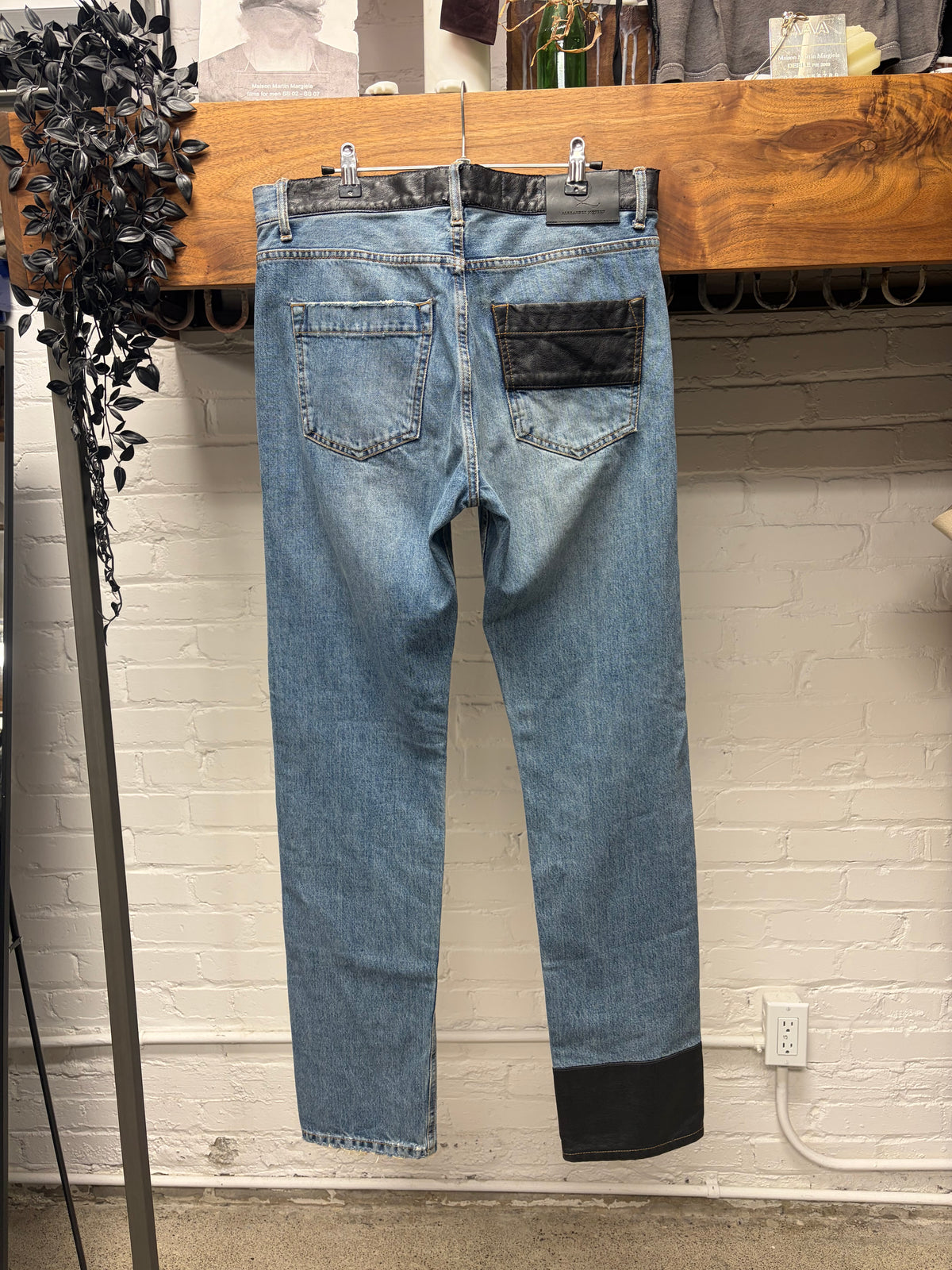 Alexander McQueen Straight Leg Leather Patch Repaired Blue Denim