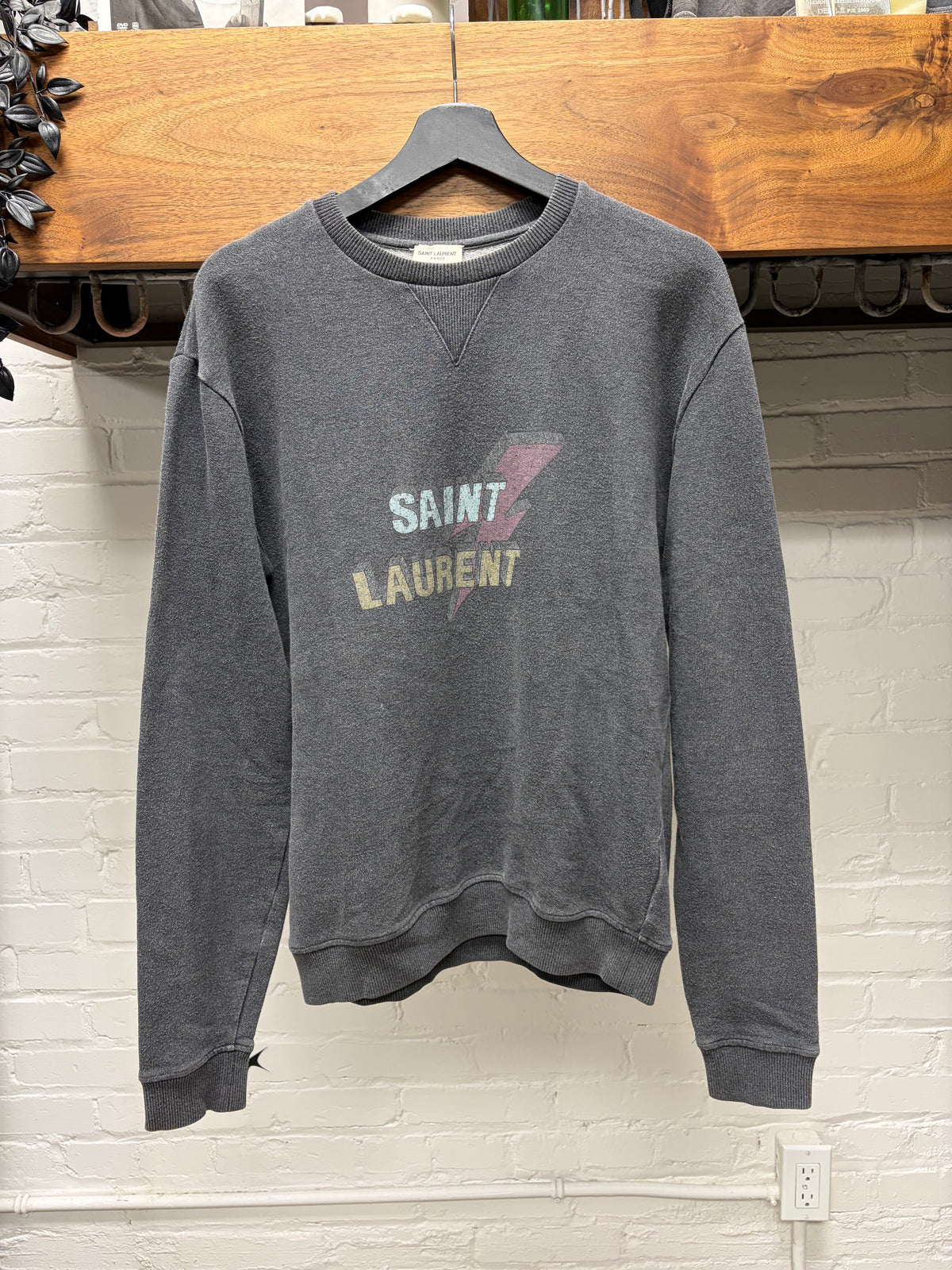 2017 Saint Laurent ‘Lightning Bolt Logo’ Grey Vintage Inspired Graphic Sweatshirt